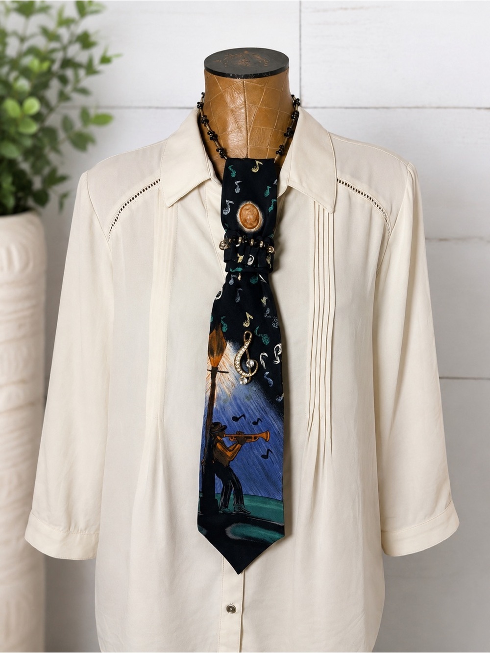 Upcycled Je Suis Musical Necktie Necklace Rhinestone Treble Clef Brooch OOAK Art